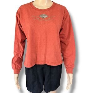 Harley Davidson Womens T Shirt Top Long Sleeve Pullover Crew Neck Orange Medium